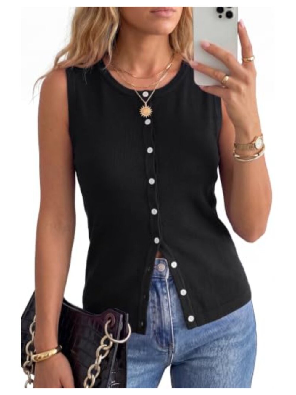 Women's Sleeveless Crew Neck Button Up Sweater Knit Tank Top